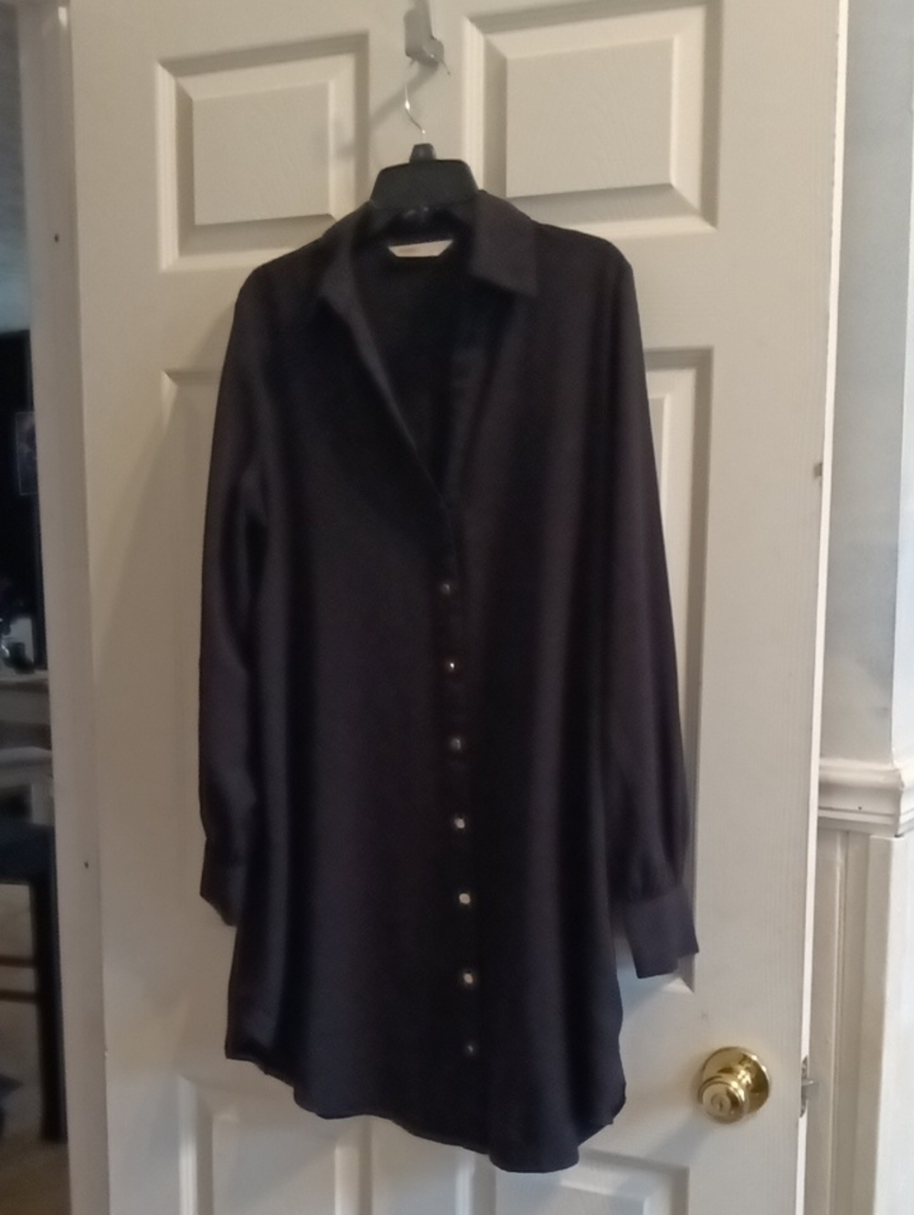 Black Satin Long-Sleeve Button Front Shirt Dress